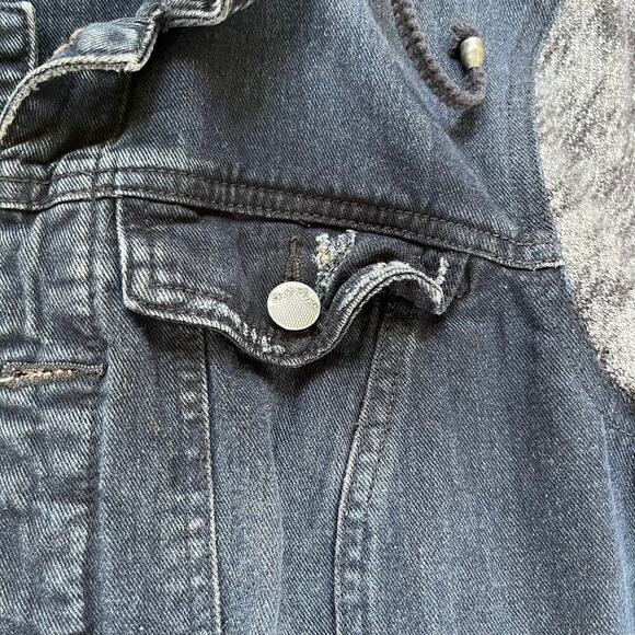 Free People Black Denim Trucker Jacket Hooded Distressed Knit Sleeves Size S - Picture 8 of 12